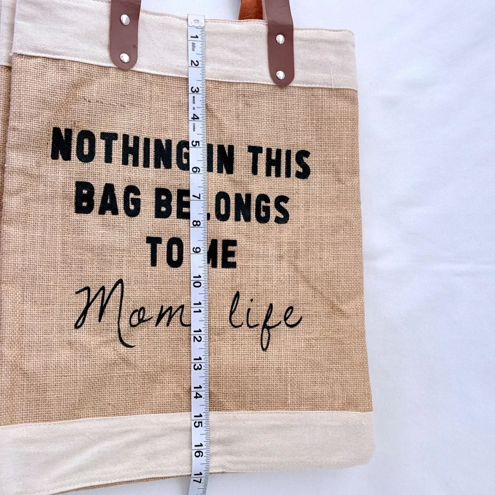 Mom Life Burlap Jute Large Tote Bag Large Tan Faux Leather Straps